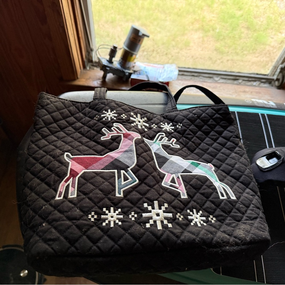 Vera Bradley Black Nordic Quilted Tote with Reindeer Design
